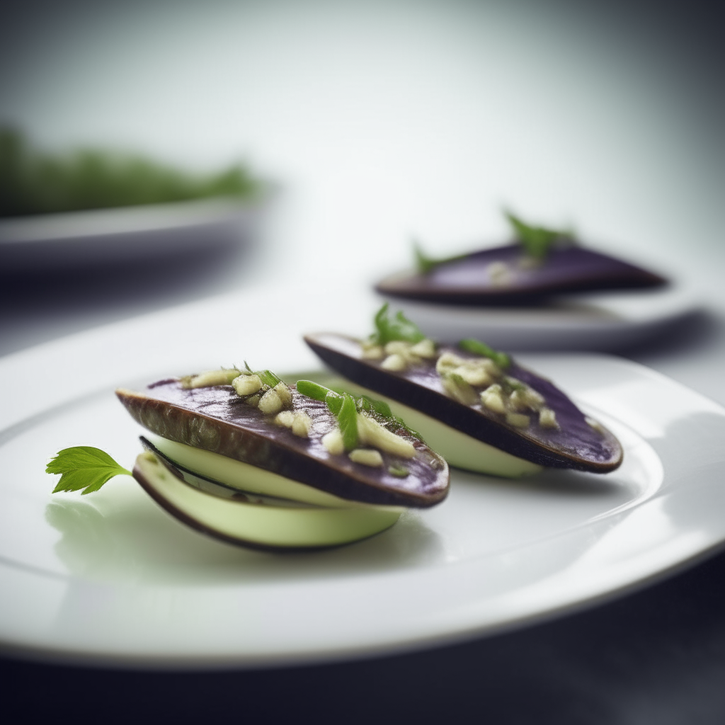 Herbed eggplant slices plated on a white dish, photographed from the side at eye level, bright studio lighting, shallow depth of field, razor sharp focus