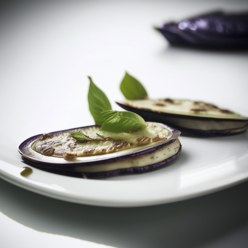 Herbed eggplant slices plated on a white dish, photographed at a low angle with the camera tilted up slightly, bright studio lighting, shallow depth of field, razor sharp focus