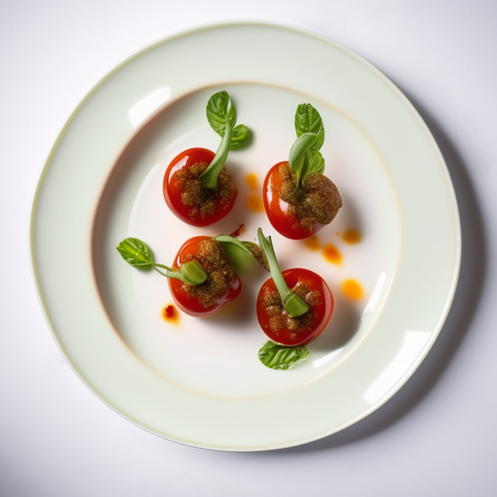 Pesto-stuffed cherry tomatoes plated on a white dish, photographed from above at a 45 degree angle, bright studio lighting, shallow depth of field, razor sharp focus