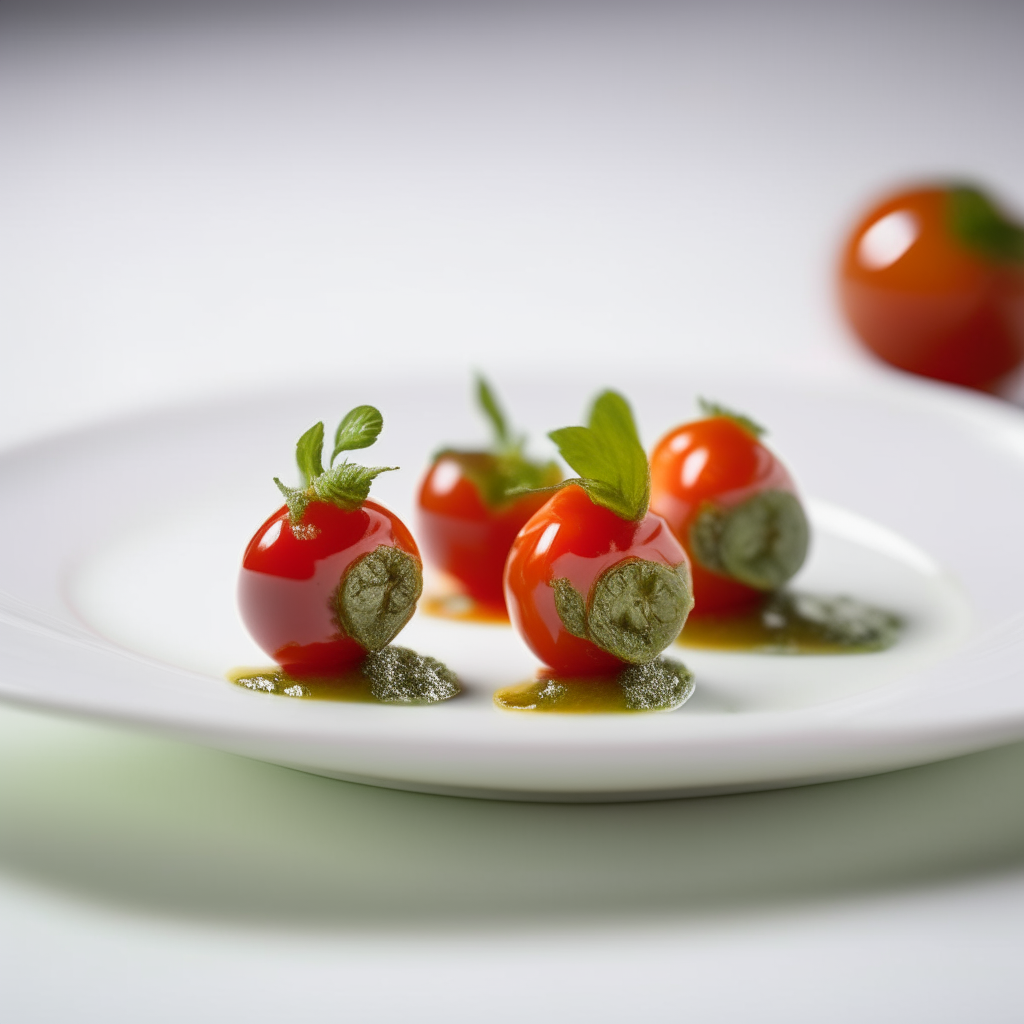 Pesto-stuffed cherry tomatoes plated on a white dish, photographed from the side at eye level, bright studio lighting, shallow depth of field, razor sharp focus