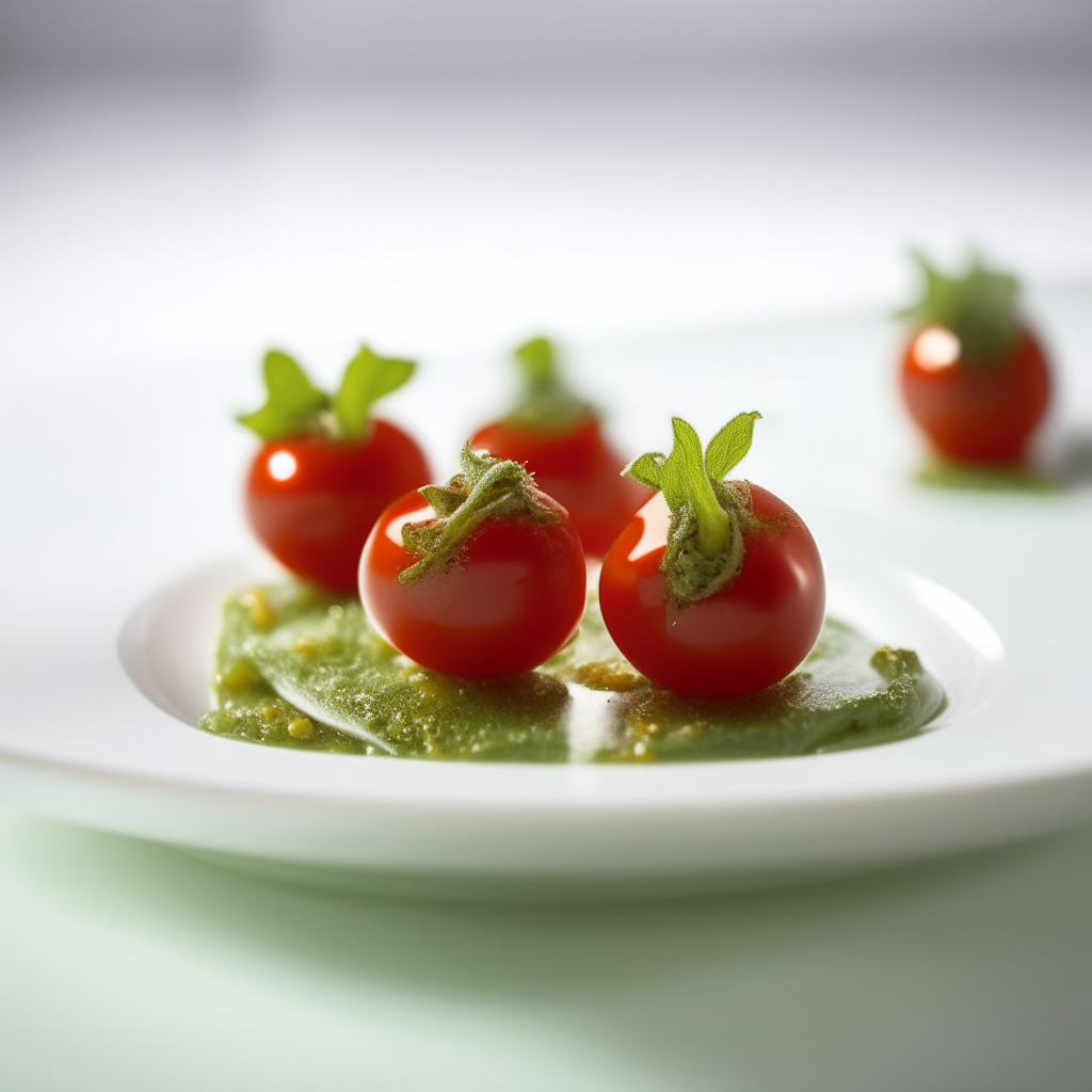 Pesto-stuffed cherry tomatoes plated on a white dish, photographed at a low angle with the camera tilted up slightly, bright studio lighting, shallow depth of field, razor sharp focus