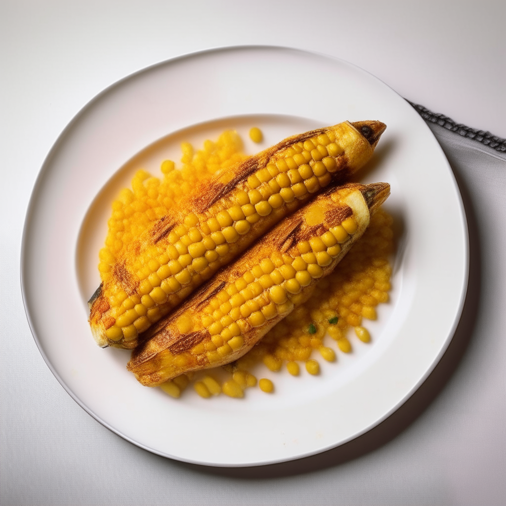 Spicy roasted corn on the cob plated on a white dish, photographed from above at a 45 degree angle, bright studio lighting, shallow depth of field, razor sharp focus