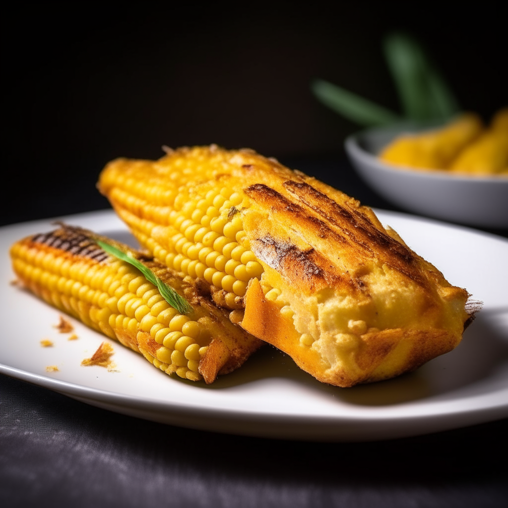 Spicy roasted corn on the cob plated on a white dish, photographed from the side at eye level, bright studio lighting, shallow depth of field, razor sharp focus