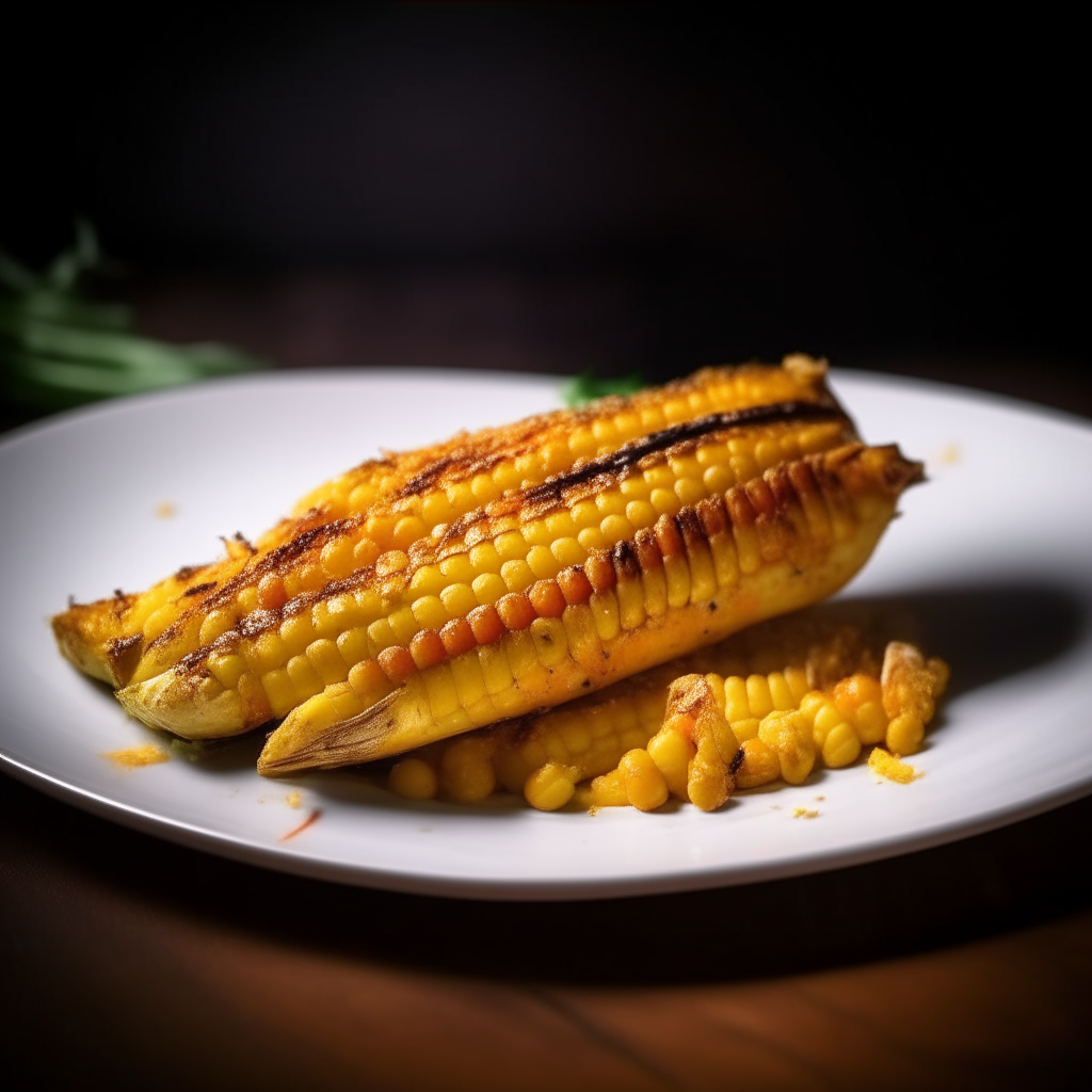 Spicy roasted corn on the cob plated on a white dish, photographed at a low angle with the camera tilted up slightly, bright studio lighting, shallow depth of field, razor sharp focus