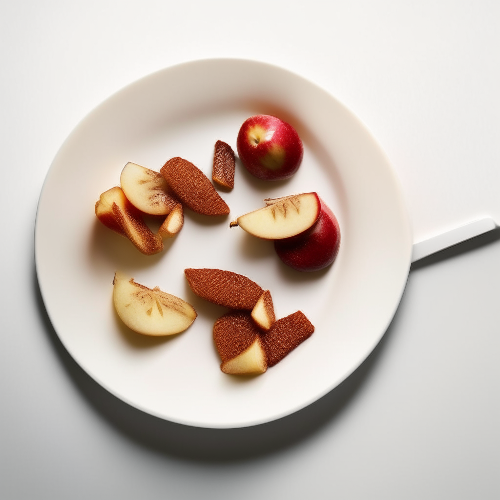 Cinnamon-sprinkled apple slices plated on a white dish, photographed from above at a 45 degree angle, bright studio lighting, shallow depth of field, razor sharp focus