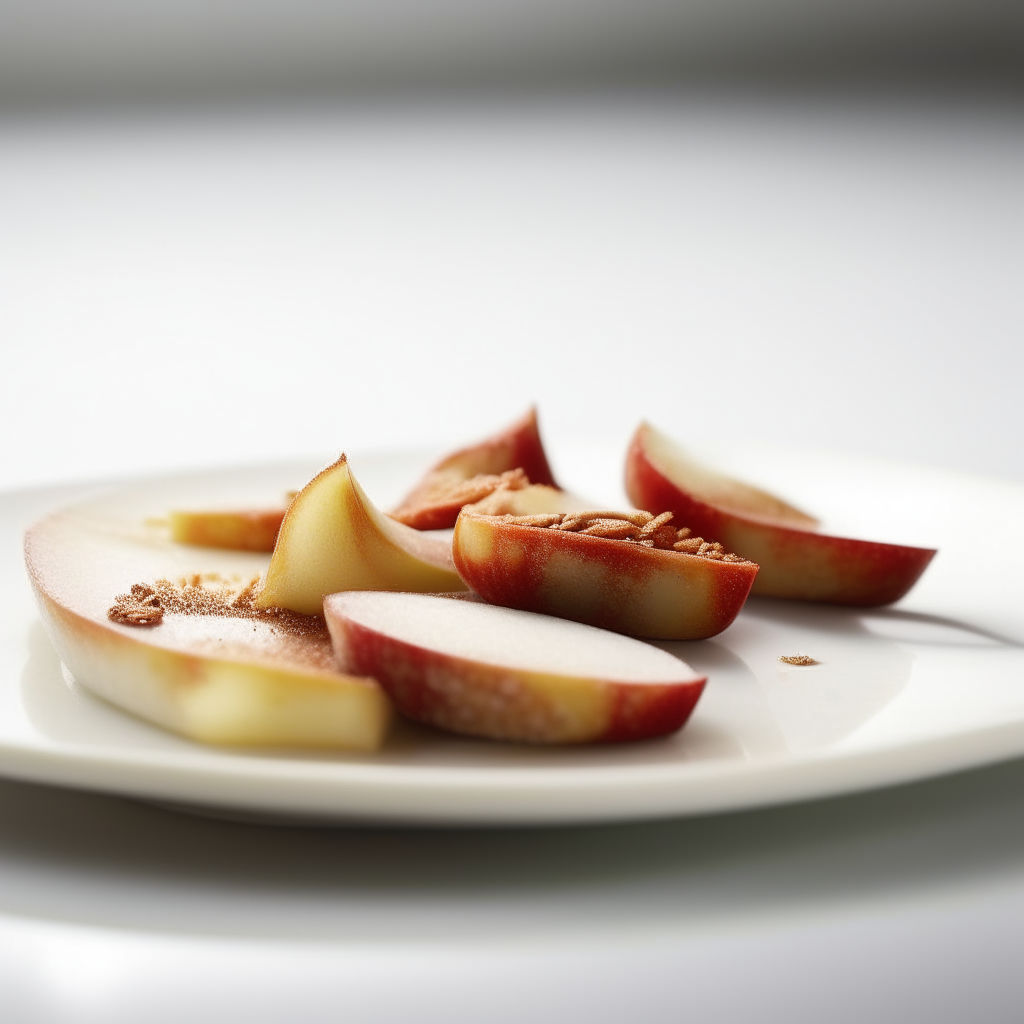 Cinnamon-sprinkled apple slices plated on a white dish, photographed from the side at eye level, bright studio lighting, shallow depth of field, razor sharp focus