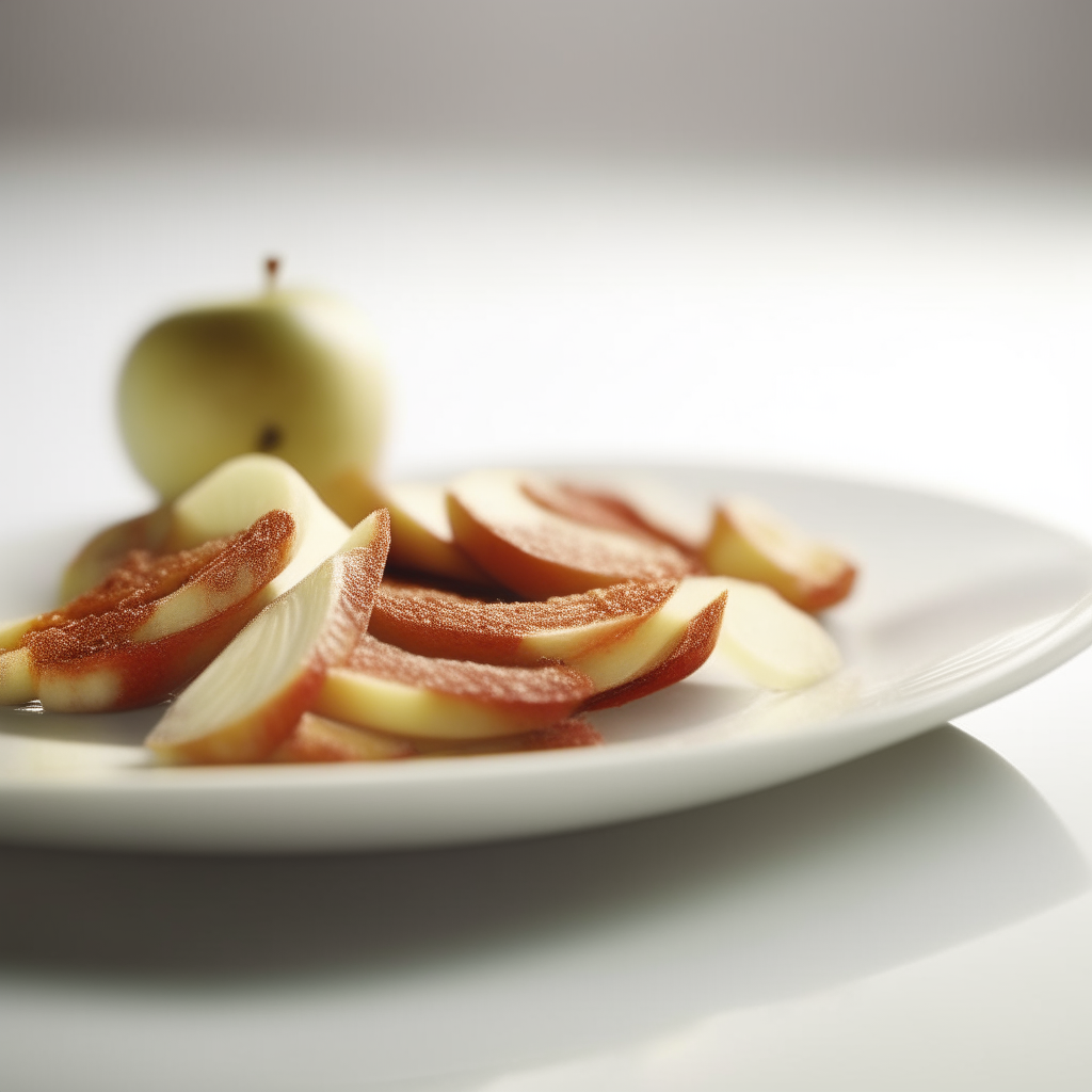 Cinnamon-sprinkled apple slices plated on a white dish, photographed at a low angle with the camera tilted up slightly, bright studio lighting, shallow depth of field, razor sharp focus