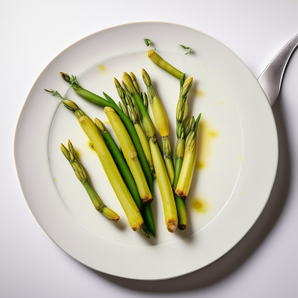 Garlic-lemon asparagus spears plated on a white dish, photographed from above at a 45 degree angle, bright studio lighting, shallow depth of field, razor sharp focus