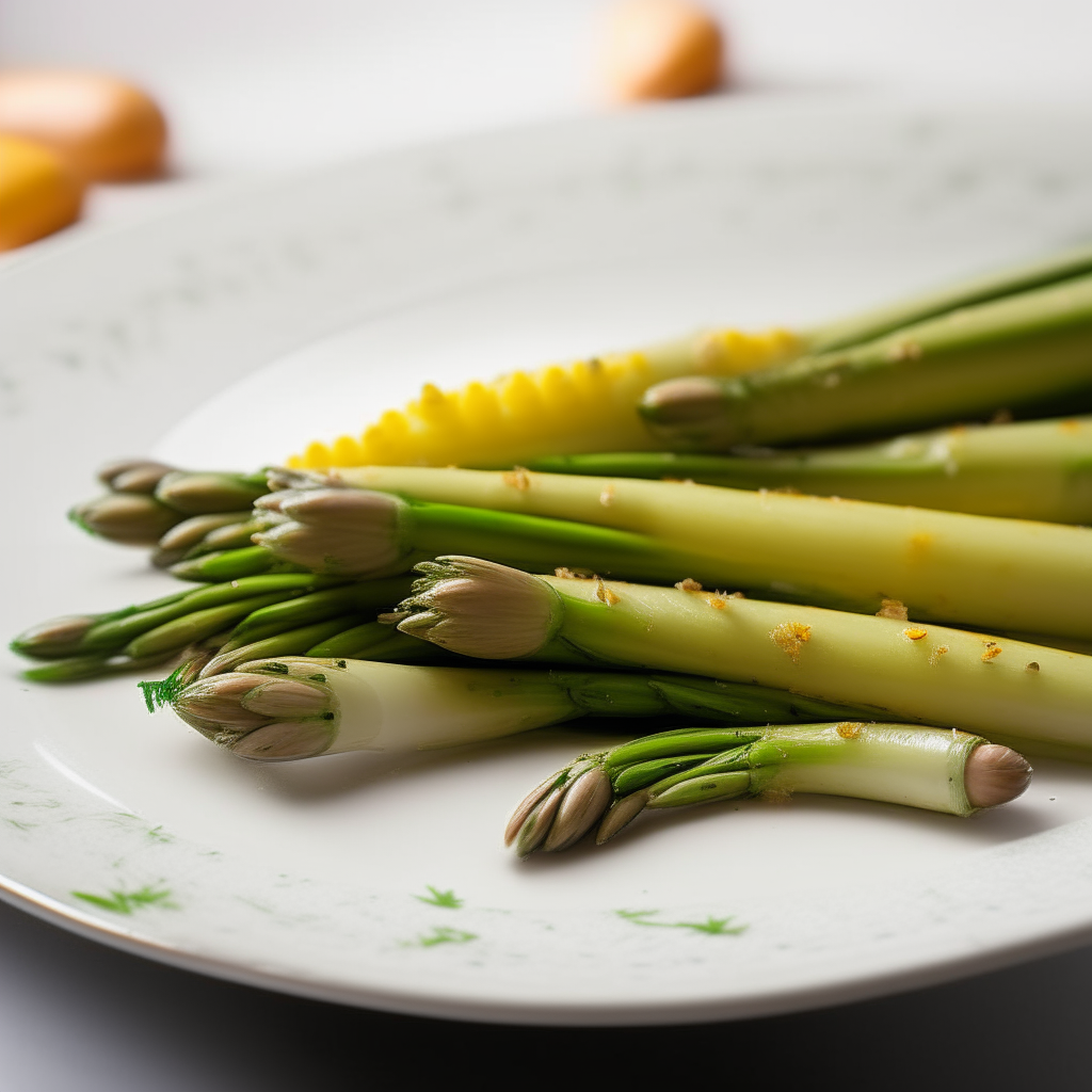 Garlic-lemon asparagus spears plated on a white dish, photographed from the side at eye level, bright studio lighting, shallow depth of field, razor sharp focus