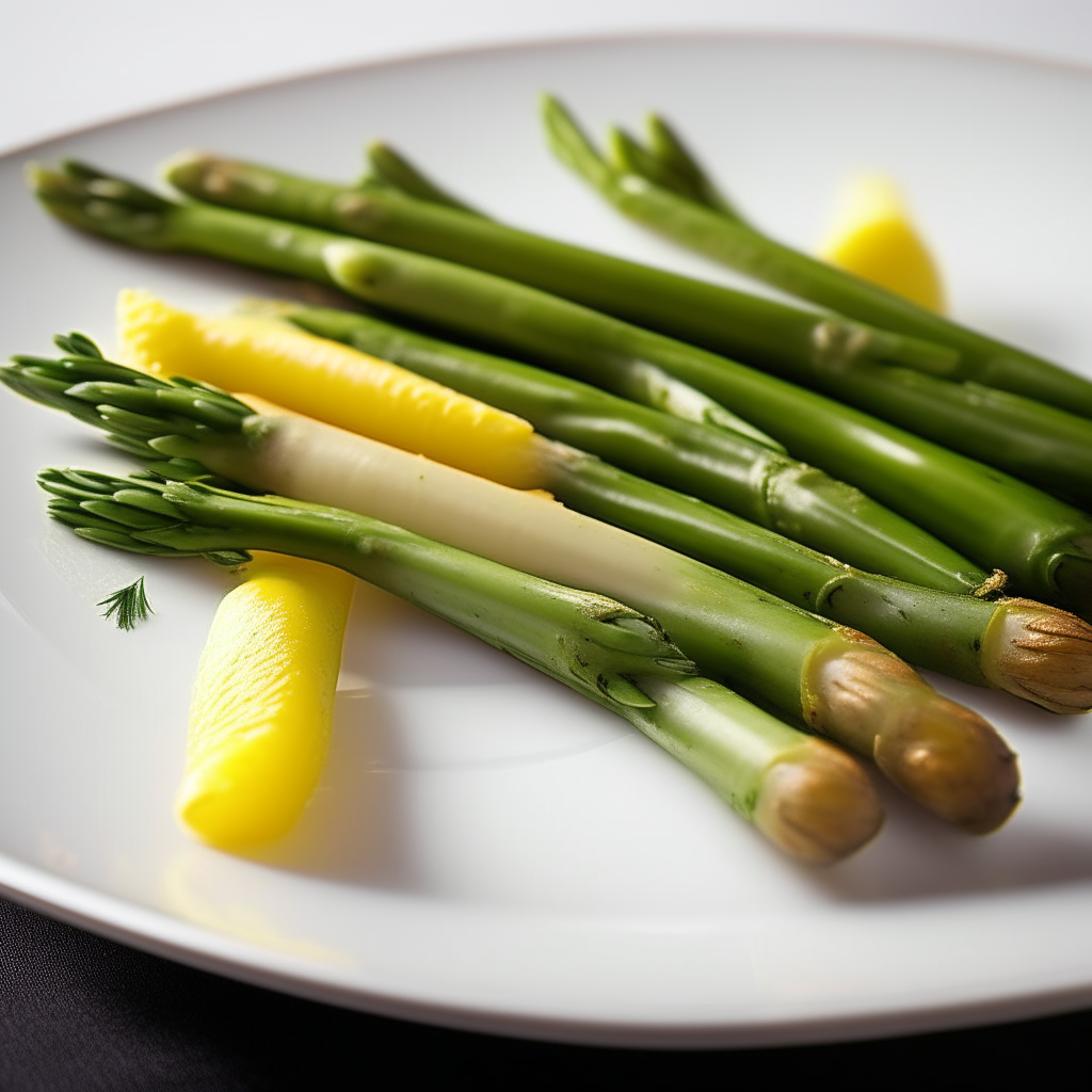 Garlic-lemon asparagus spears plated on a white dish, photographed at a low angle with the camera tilted up slightly, bright studio lighting, shallow depth of field, razor sharp focus