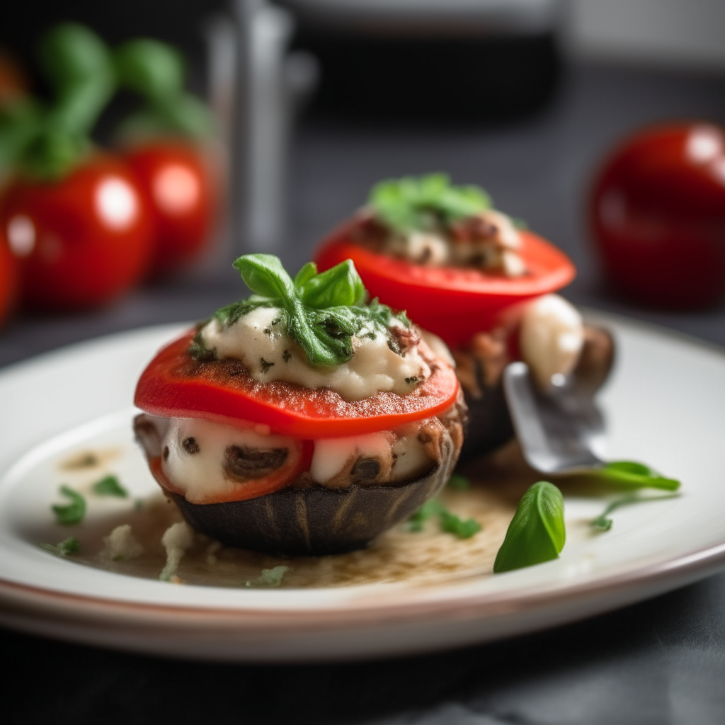 Caprese stuffed portobello mushrooms plated on a white dish, photographed from above at a 45 degree angle, bright studio lighting, shallow depth of field, razor sharp focus