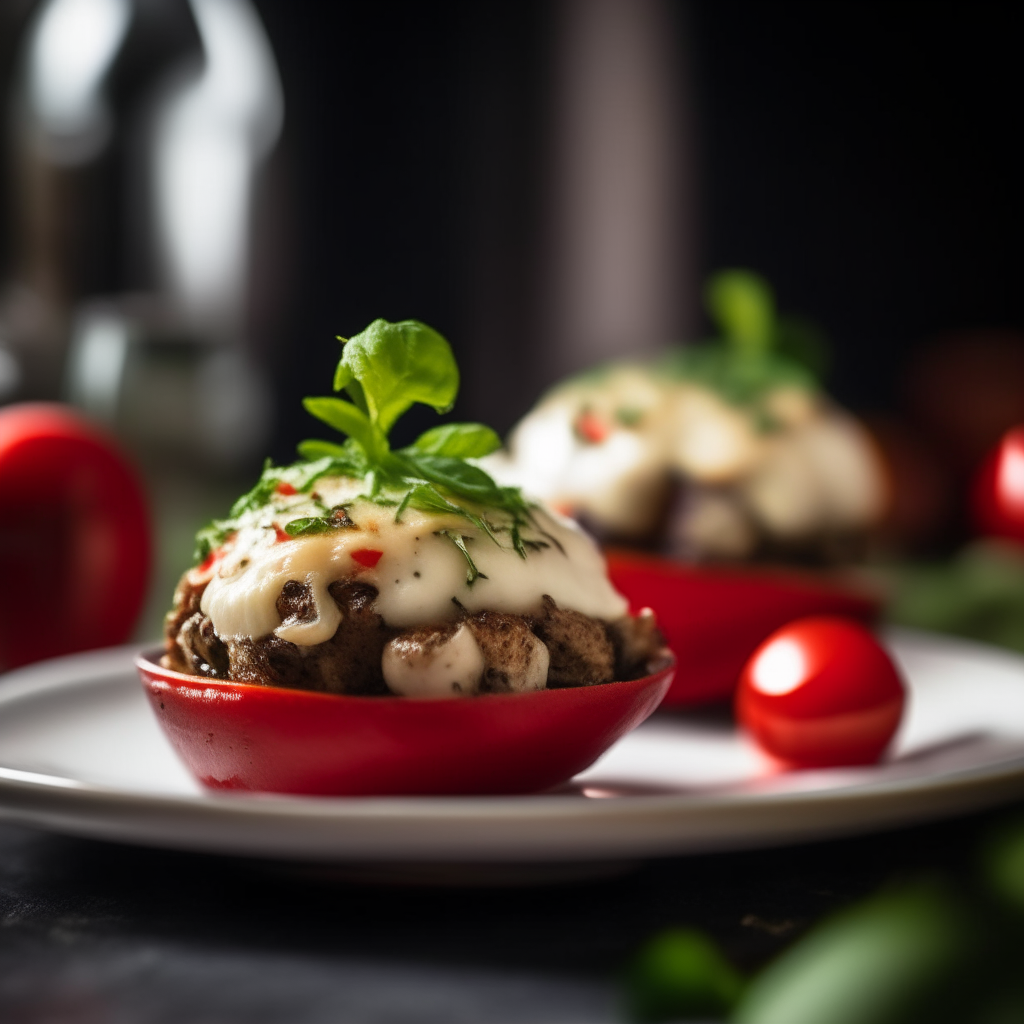 Caprese stuffed portobello mushrooms plated on a white dish, photographed from the side at eye level, bright studio lighting, shallow depth of field, razor sharp focus