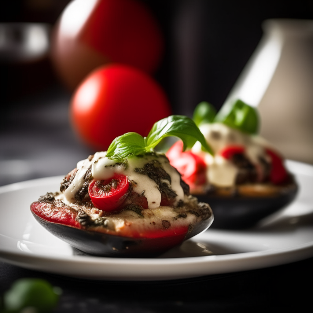 Caprese stuffed portobello mushrooms plated on a white dish, photographed at a low angle with the camera tilted up slightly, bright studio lighting, shallow depth of field, razor sharp focus