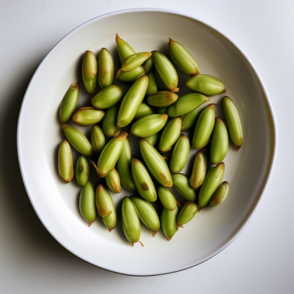 Sesame-ginger edamame pods plated on a white dish, photographed from above at a 45 degree angle, bright studio lighting, shallow depth of field, razor sharp focus