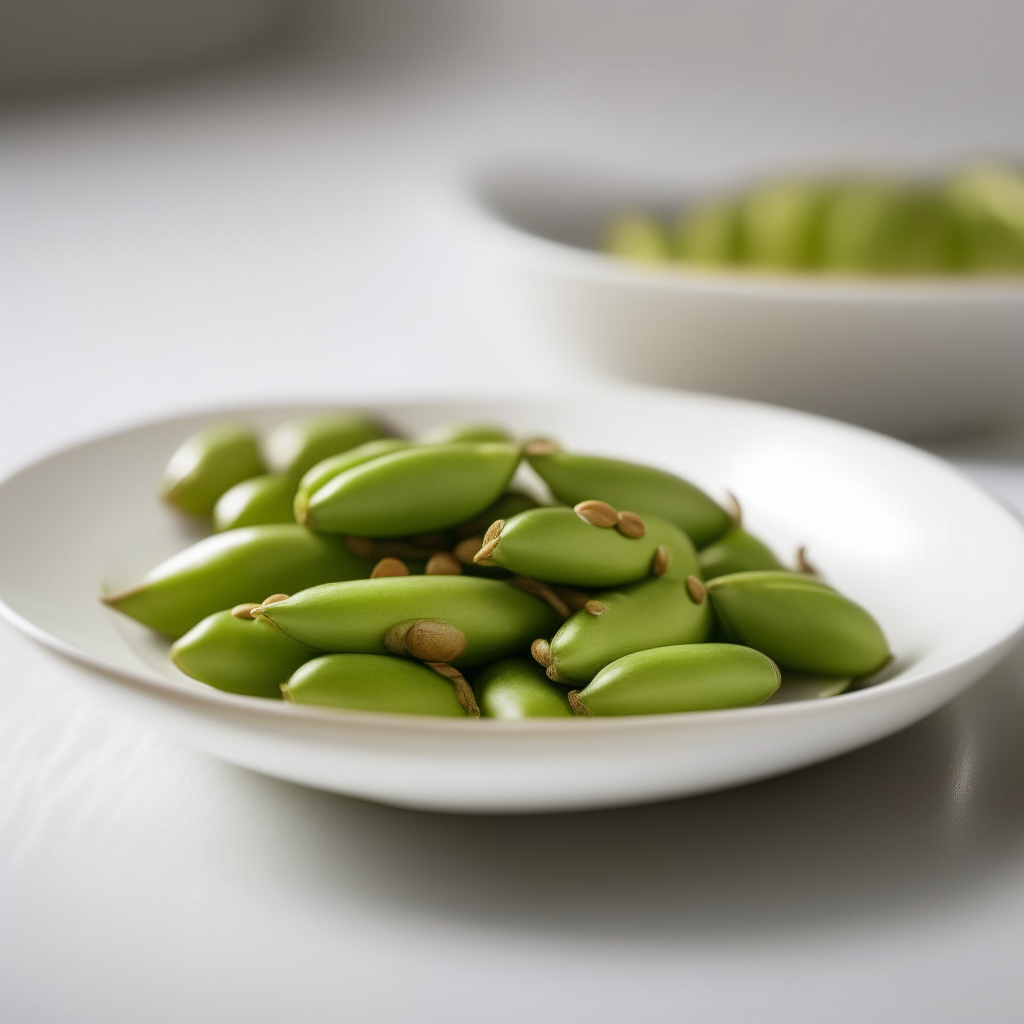 Sesame-ginger edamame pods plated on a white dish, photographed from the side at eye level, bright studio lighting, shallow depth of field, razor sharp focus