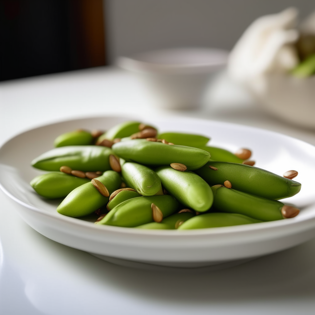 Sesame-ginger edamame pods plated on a white dish, photographed at a low angle with the camera tilted up slightly, bright studio lighting, shallow depth of field, razor sharp focus