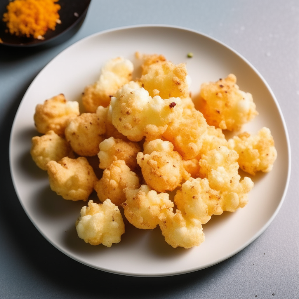 Crispy coconut-cauliflower popcorn plated on a white dish, photographed from above at a 45 degree angle, bright studio lighting, shallow depth of field, razor sharp focus