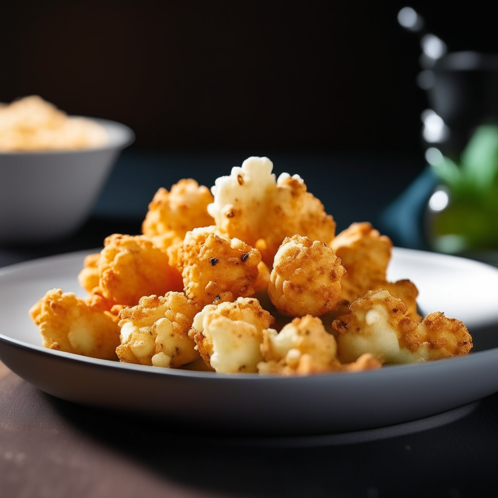 Crispy coconut-cauliflower popcorn plated on a white dish, photographed from the side at eye level, bright studio lighting, shallow depth of field, razor sharp focus