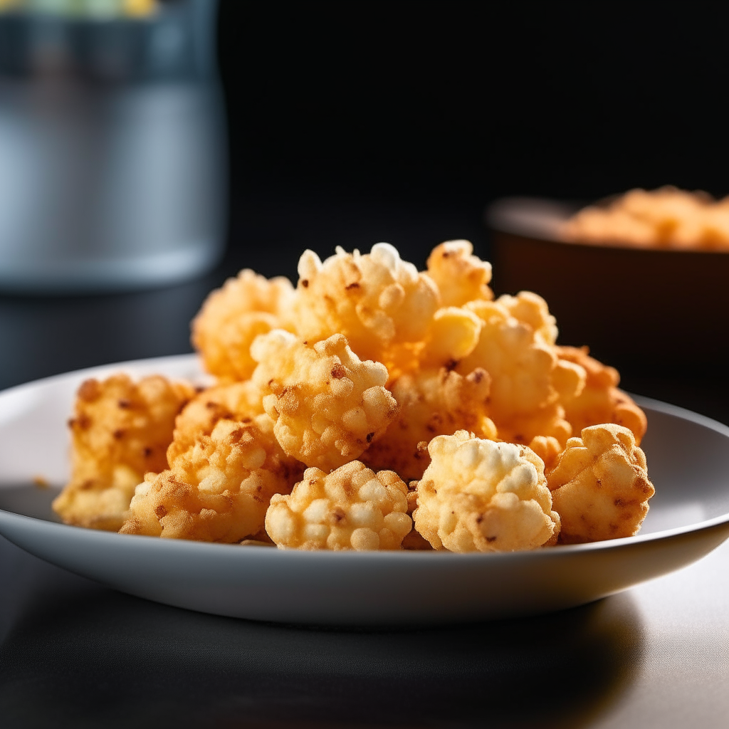 Crispy coconut-cauliflower popcorn plated on a white dish, photographed at a low angle with the camera tilted up slightly, bright studio lighting, shallow depth of field, razor sharp focus