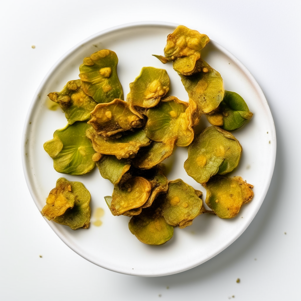 Honey-mustard brussels sprout chips plated on a white dish, photographed from above at a 45 degree angle, bright studio lighting, shallow depth of field, razor sharp focus