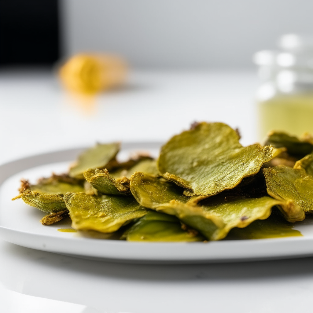 Honey-mustard brussels sprout chips plated on a white dish, photographed from the side at eye level, bright studio lighting, shallow depth of field, razor sharp focus