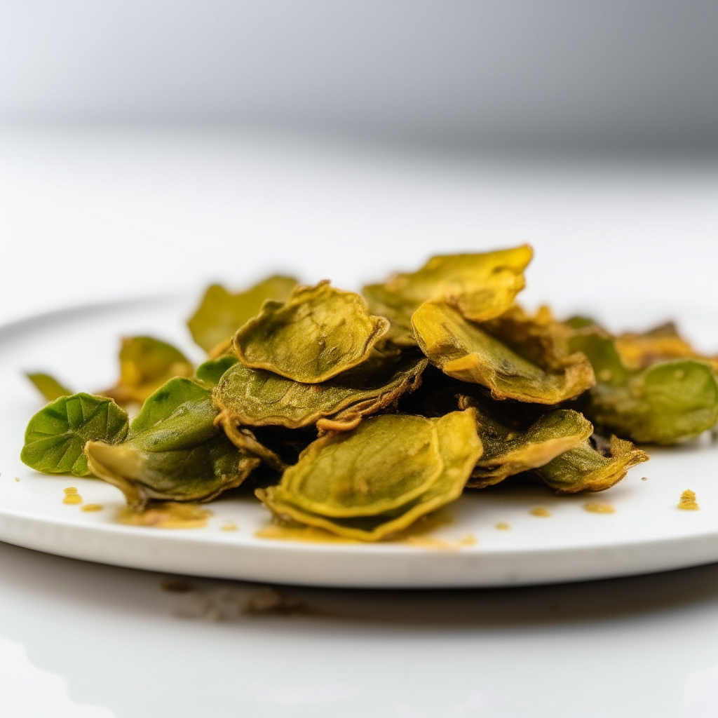 Honey-mustard brussels sprout chips plated on a white dish, photographed at a low angle with the camera tilted up slightly, bright studio lighting, shallow depth of field, razor sharp focus