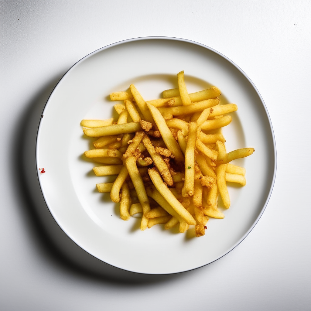 Tangy pickle fries plated on a white dish, photographed from above at a 45 degree angle, bright studio lighting, shallow depth of field, razor sharp focus