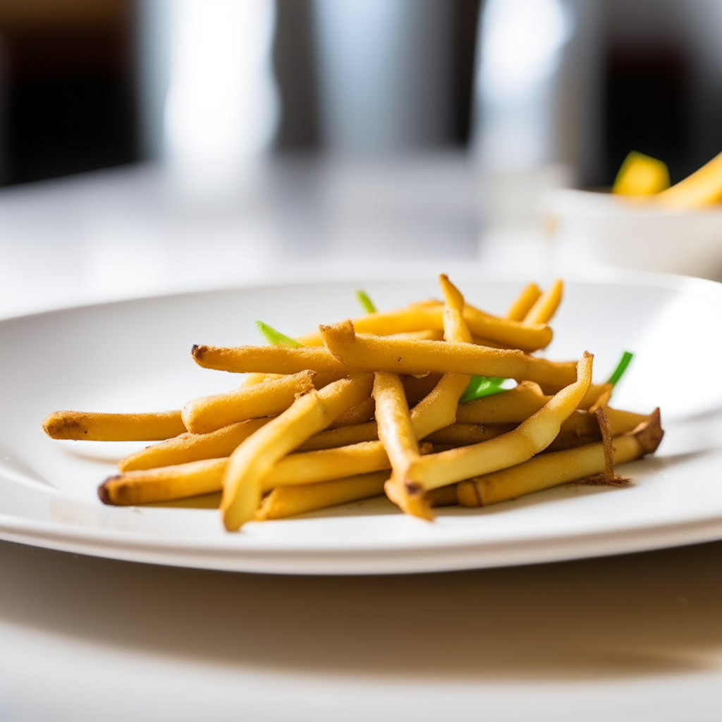 Tangy pickle fries plated on a white dish, photographed from the side at eye level, bright studio lighting, shallow depth of field, razor sharp focus