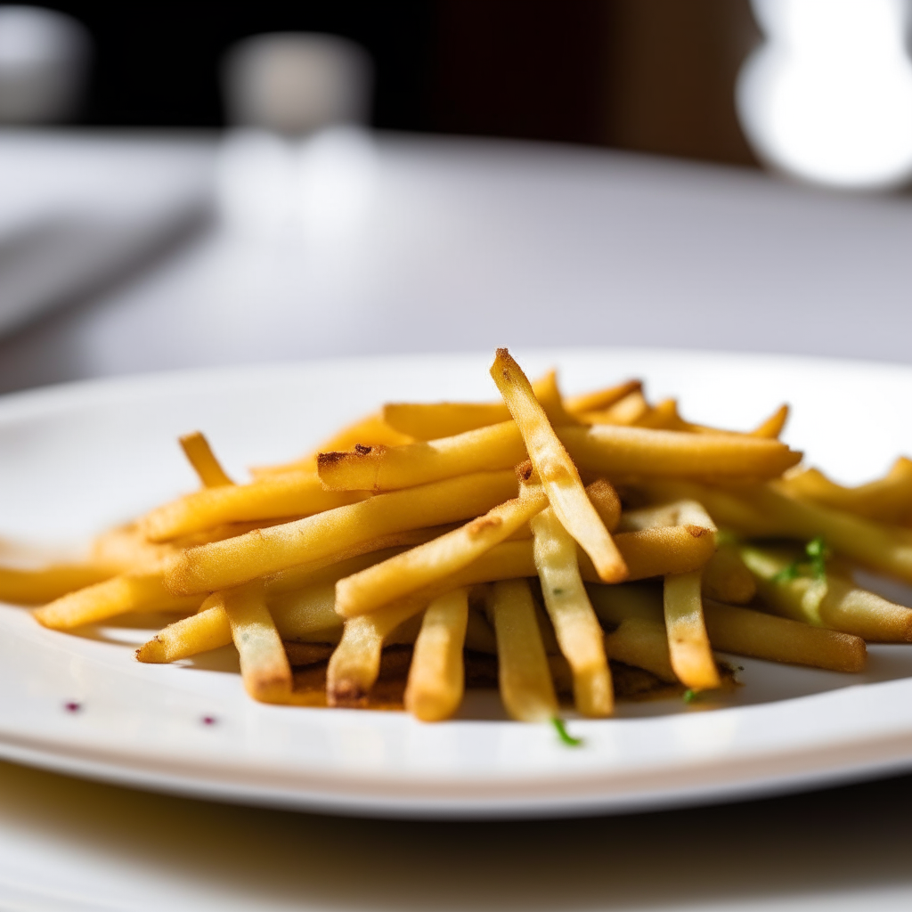 Tangy pickle fries plated on a white dish, photographed at a low angle with the camera tilted up slightly, bright studio lighting, shallow depth of field, razor sharp focus