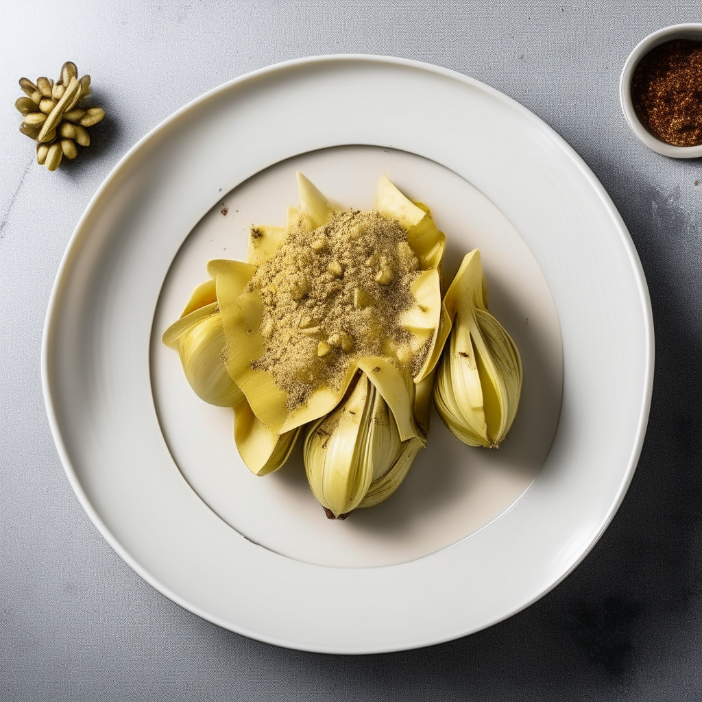 Garlic-parmesan artichoke hearts plated on a white dish, photographed from above at a 45 degree angle, bright studio lighting, shallow depth of field, razor sharp focus