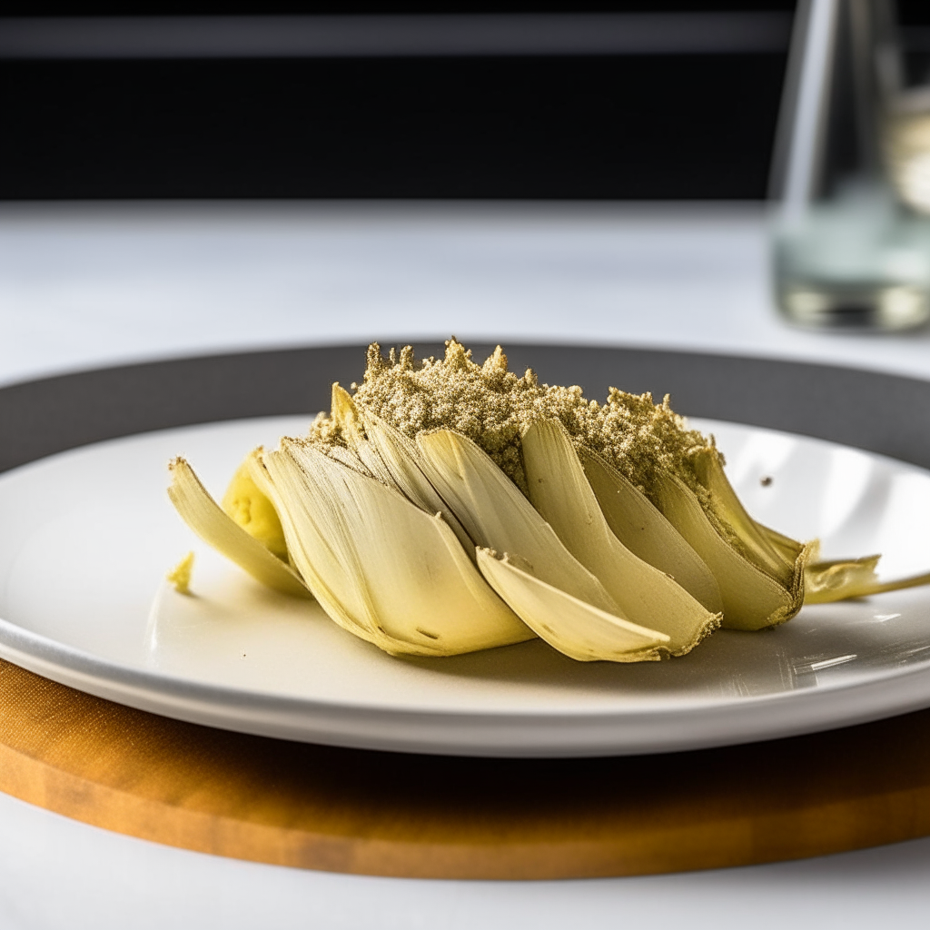 Garlic-parmesan artichoke hearts plated on a white dish, photographed from the side at eye level, bright studio lighting, shallow depth of field, razor sharp focus