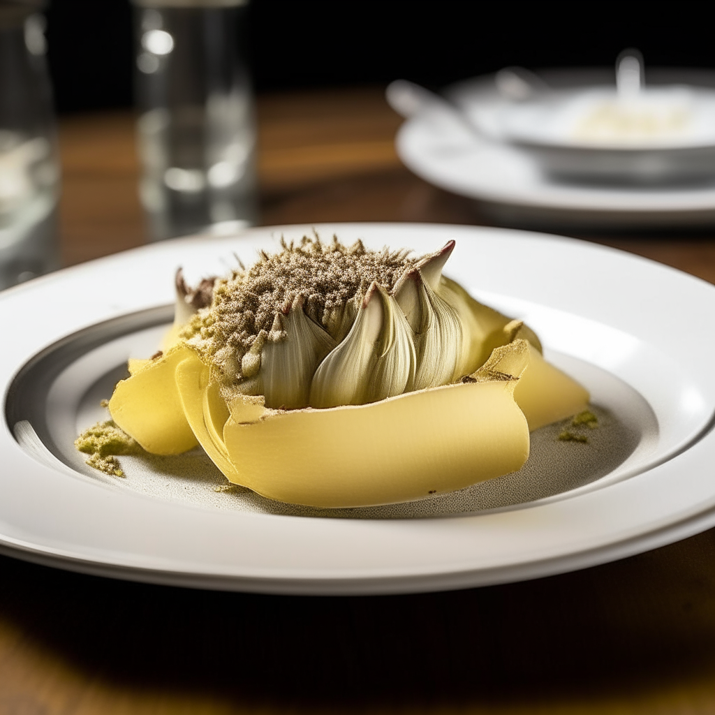 Garlic-parmesan artichoke hearts plated on a white dish, photographed at a low angle with the camera tilted up slightly, bright studio lighting, shallow depth of field, razor sharp focus