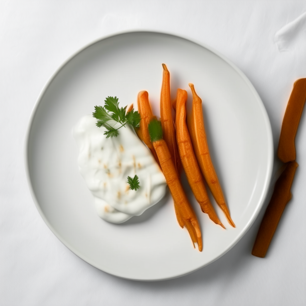 Spiced carrot sticks with yogurt dip plated on a white dish, photographed from above at a 45 degree angle, bright studio lighting, shallow depth of field, razor sharp focus