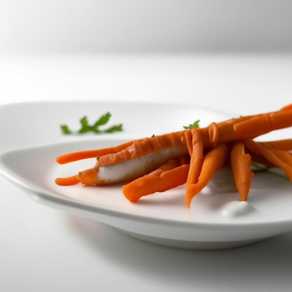 Spiced carrot sticks with yogurt dip plated on a white dish, photographed from the side at eye level, bright studio lighting, shallow depth of field, razor sharp focus