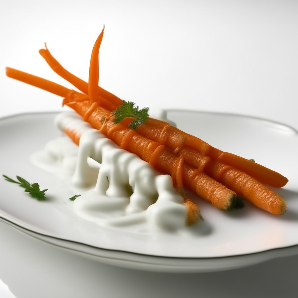 Spiced carrot sticks with yogurt dip plated on a white dish, photographed at a low angle with the camera tilted up slightly, bright studio lighting, shallow depth of field, razor sharp focus