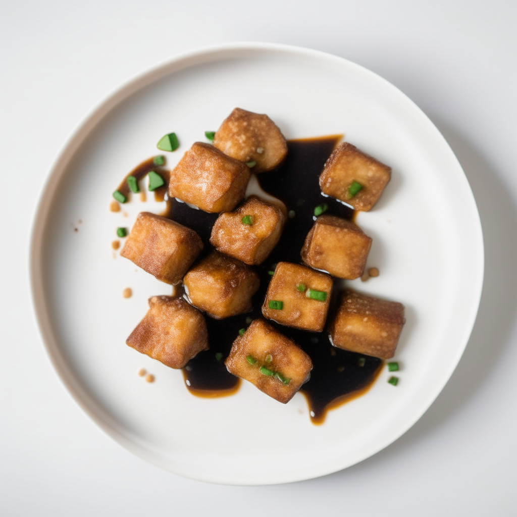 Teriyaki tofu nuggets plated on a white dish, photographed from above at a 45 degree angle, bright studio lighting, shallow depth of field, razor sharp focus