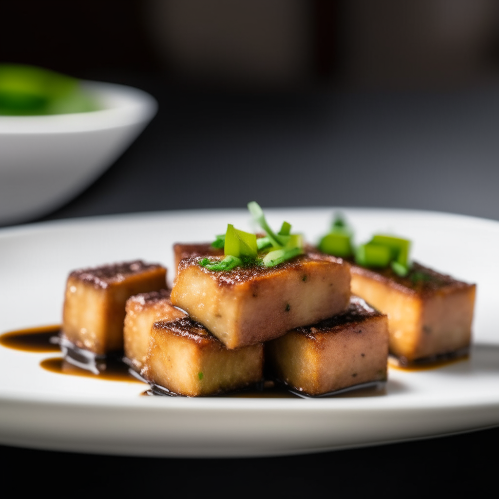 Teriyaki tofu nuggets plated on a white dish, photographed from the side at eye level, bright studio lighting, shallow depth of field, razor sharp focus