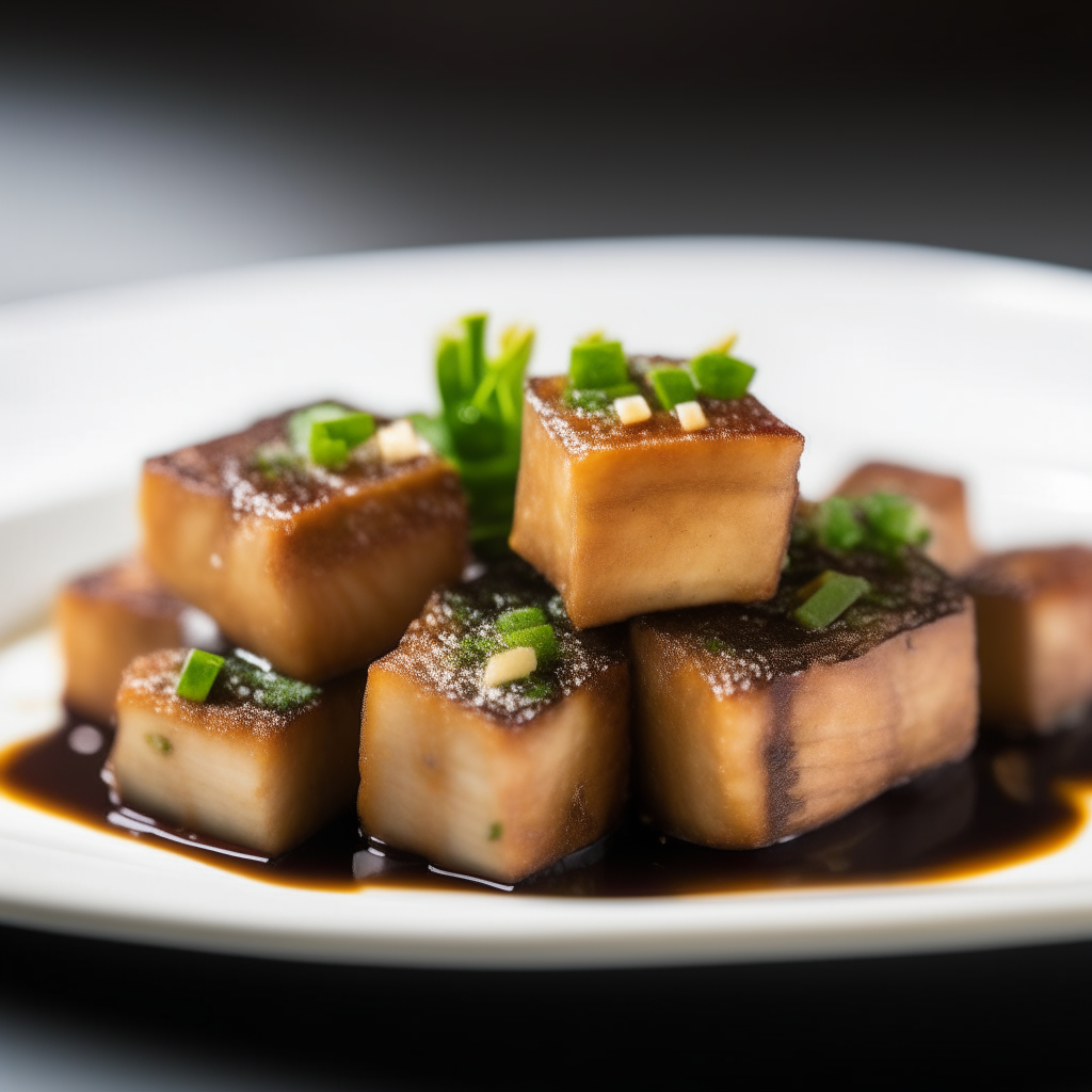 Teriyaki tofu nuggets plated on a white dish, photographed at a low angle with the camera tilted up slightly, bright studio lighting, shallow depth of field, razor sharp focus