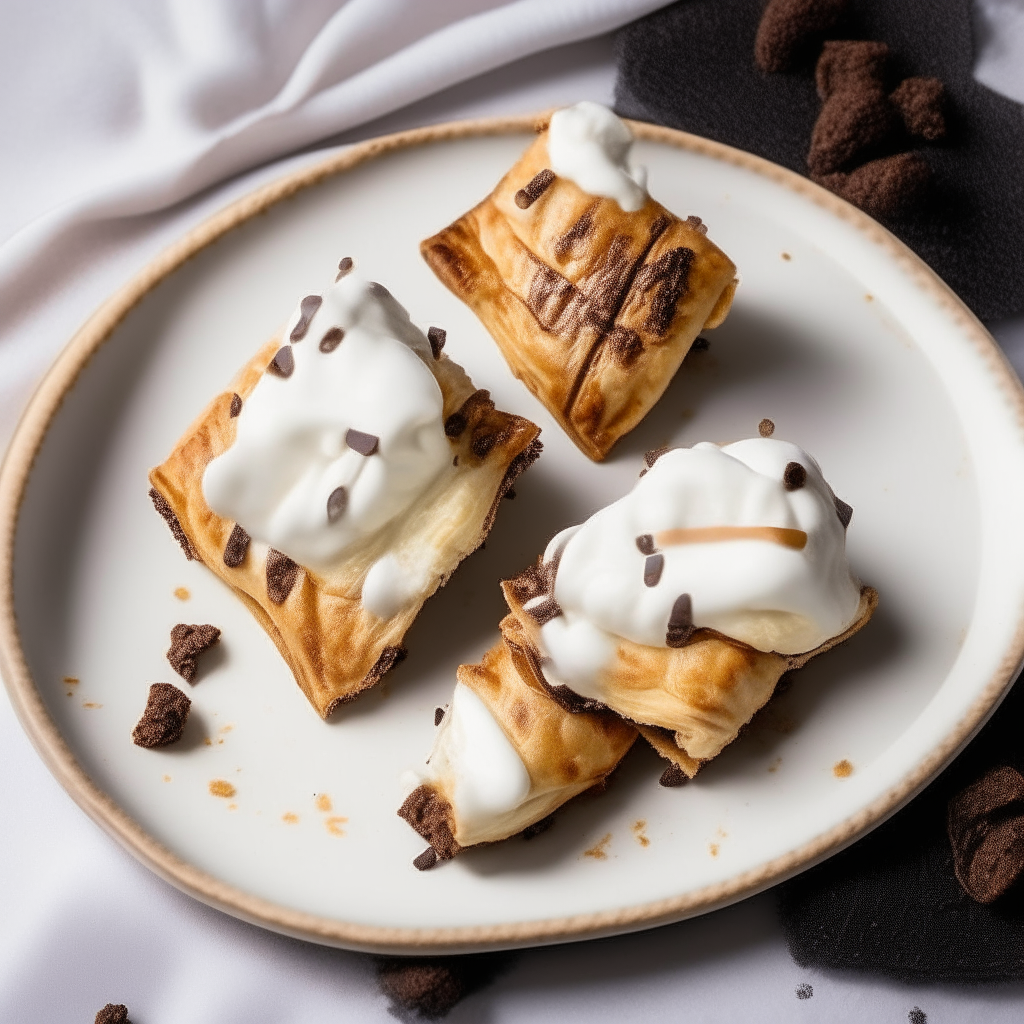 Air fryer s'mores pastries plated on a white dish, photographed from above at a 45 degree angle, bright studio lighting, shallow depth of field, razor sharp focus