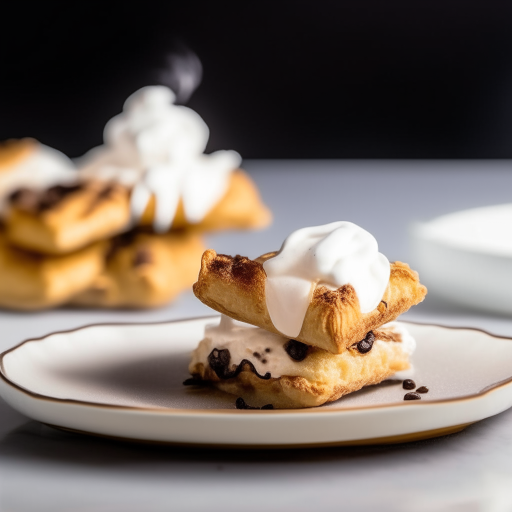 Air fryer s'mores pastries plated on a white dish, photographed from the side at eye level, bright studio lighting, shallow depth of field, razor sharp focus