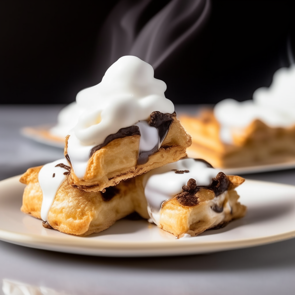 Air fryer s'mores pastries plated on a white dish, photographed at a low angle with the camera tilted up slightly, bright studio lighting, shallow depth of field, razor sharp focus