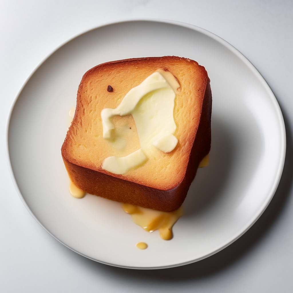 Vanilla bean air fryer pound cake plated on a white dish, photographed from above at a 45 degree angle, bright studio lighting, shallow depth of field, razor sharp focus