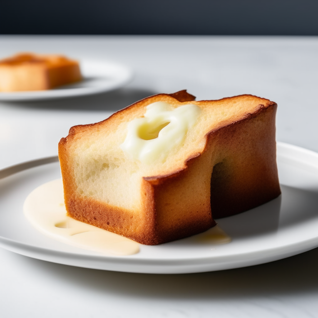 Vanilla bean air fryer pound cake plated on a white dish, photographed at a low angle with the camera tilted up slightly, bright studio lighting, shallow depth of field, razor sharp focus