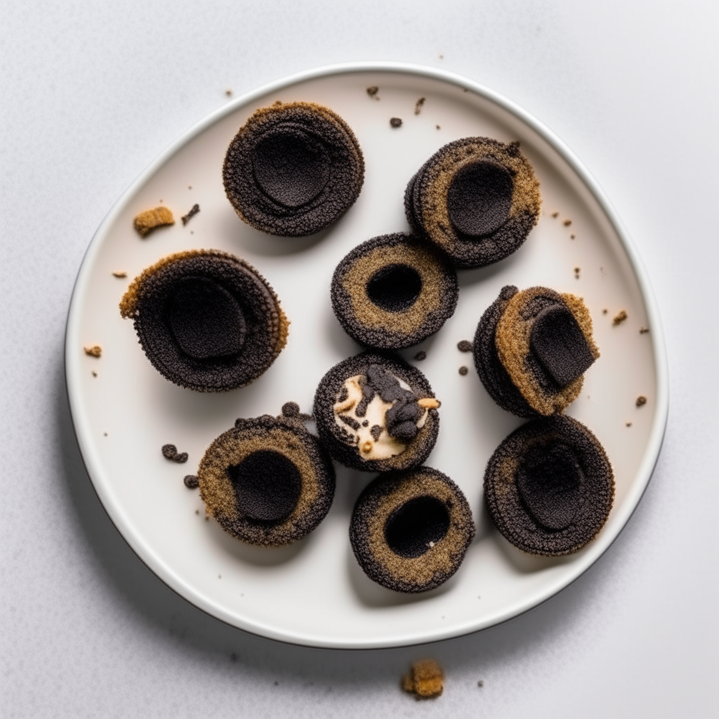 Crunchy air fried oreo cookies plated on a white dish, photographed from above at a 45 degree angle, bright studio lighting, shallow depth of field, razor sharp focus