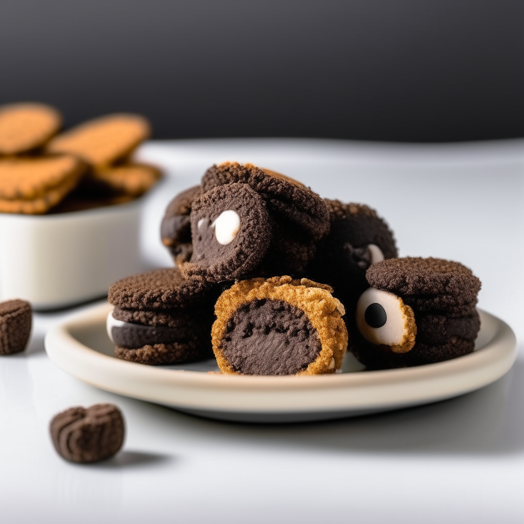 Crunchy air fried oreo cookies plated on a white dish, photographed from the side at eye level, bright studio lighting, shallow depth of field, razor sharp focus