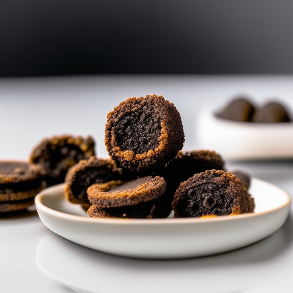 Crunchy air fried oreo cookies plated on a white dish, photographed at a low angle with the camera tilted up slightly, bright studio lighting, shallow depth of field, razor sharp focus