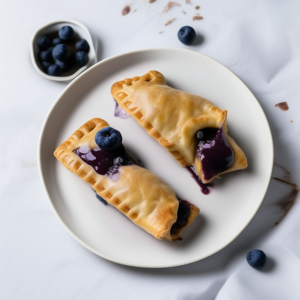 Air fryer blueberry hand pies plated on a white dish, photographed from above at a 45 degree angle, bright studio lighting, shallow depth of field, razor sharp focus