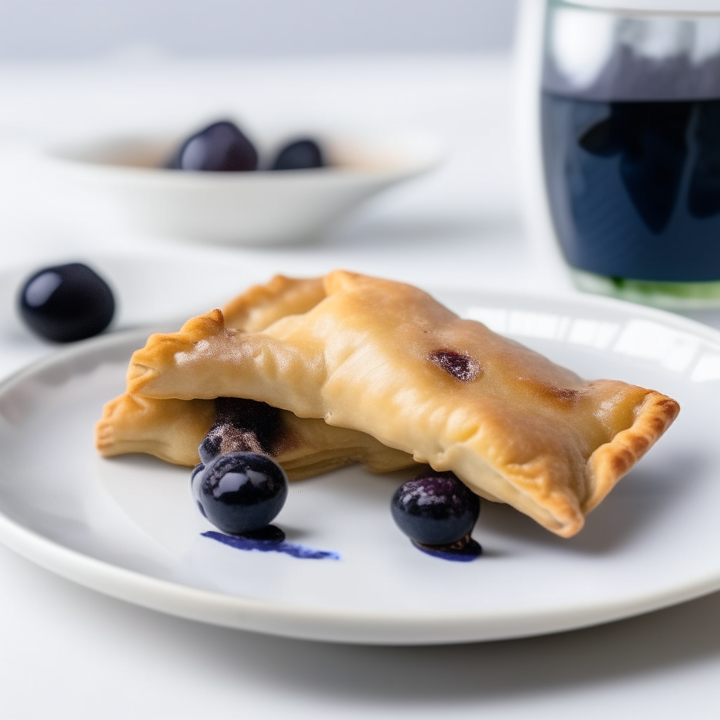 Air fryer blueberry hand pies plated on a white dish, photographed from the side at eye level, bright studio lighting, shallow depth of field, razor sharp focus