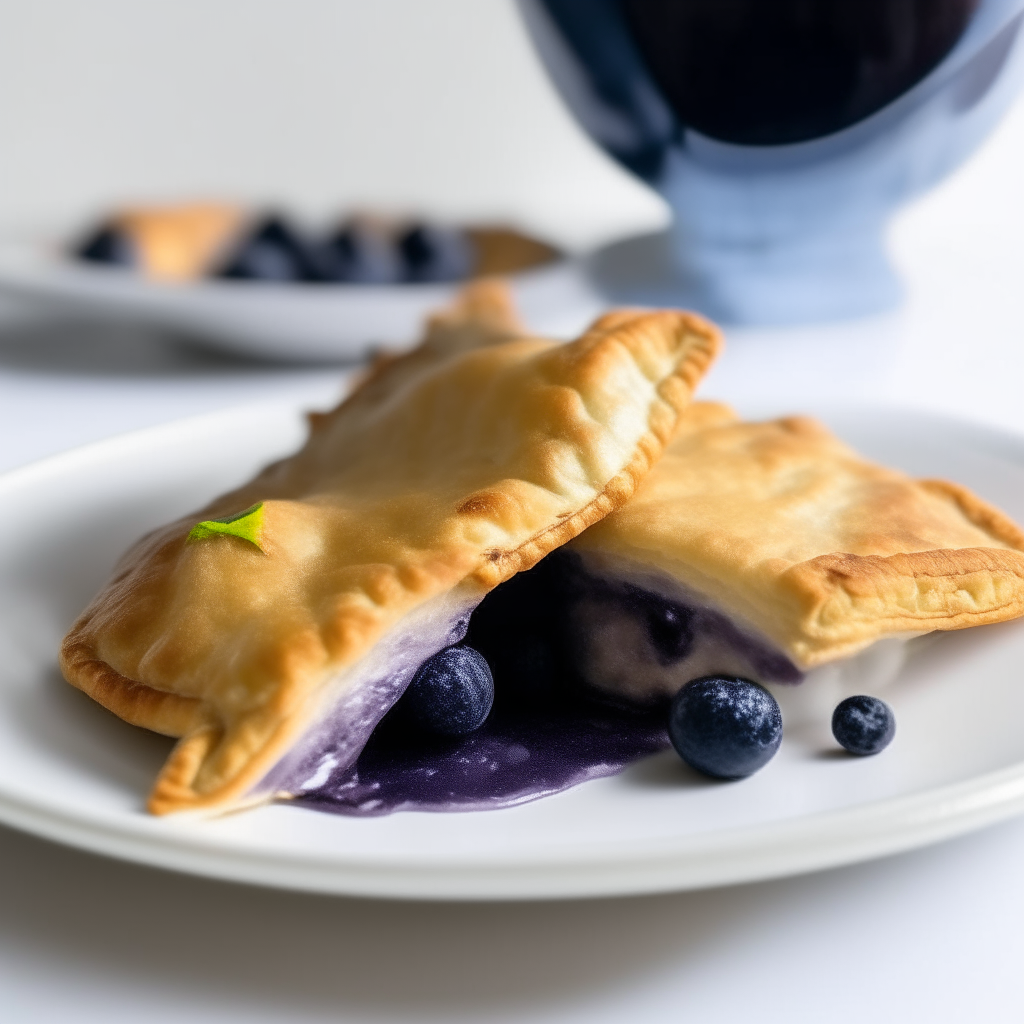 Air fryer blueberry hand pies plated on a white dish, photographed at a low angle with the camera tilted up slightly, bright studio lighting, shallow depth of field, razor sharp focus