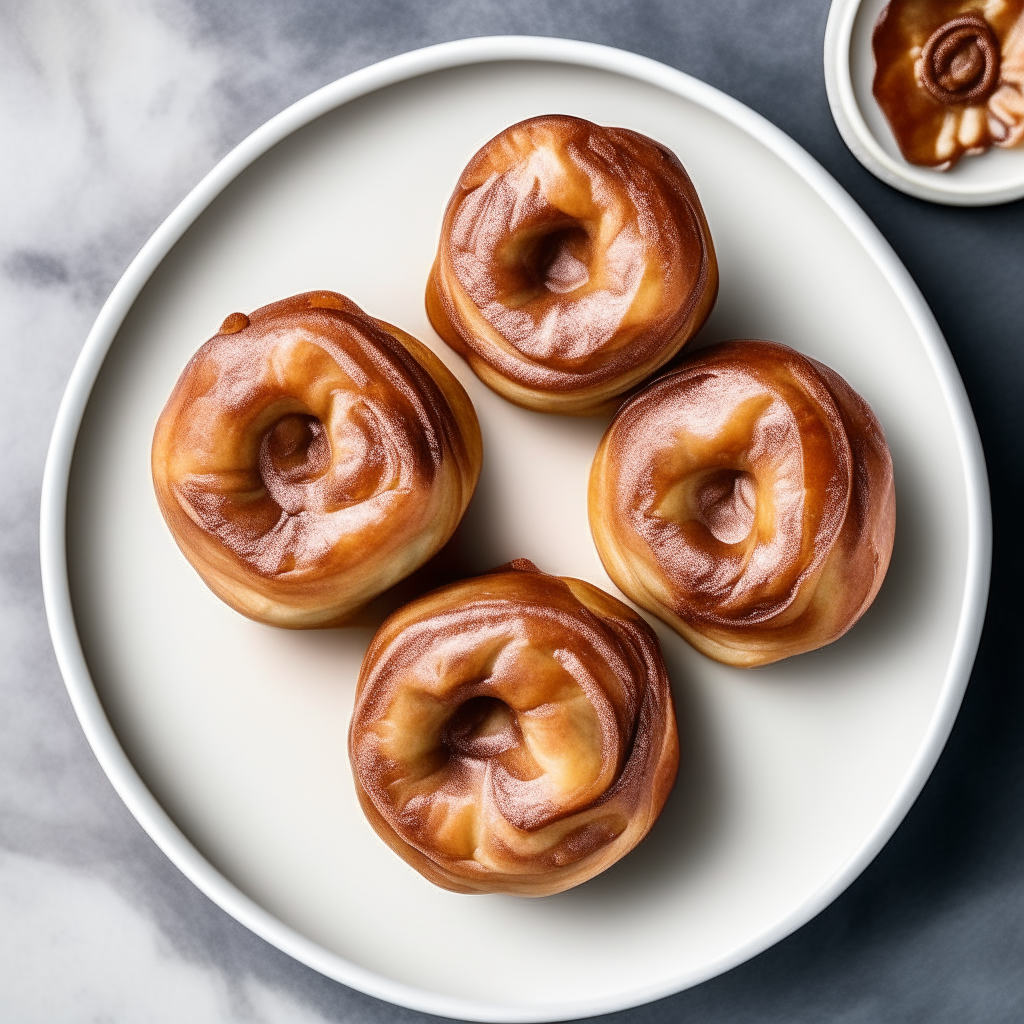 Glazed air fried cinnamon rolls plated on a white dish, photographed from above at a 45 degree angle, bright studio lighting, shallow depth of field, razor sharp focus